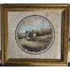 Image 1 : framed circular watercolor painting featuring a rustic landscape scene, possibly depicting a rural b