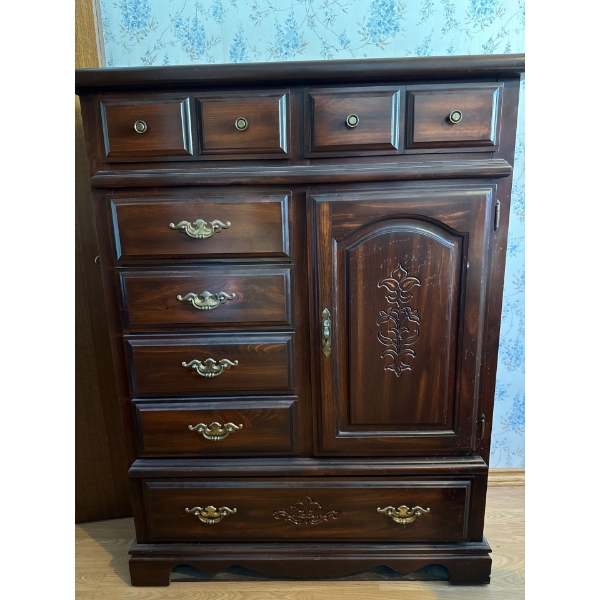  Wooden dresser all contents included very nice 40 1/2 inches long by 17 1/2 inches by 53 1/4 tall d