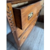 Image 5 : Oak dresser featuring three drawers with brass handles, decorative leaf carving, and attached vertic