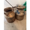 Image 1 : Two vintage metal milk churns. One churn is painted with blue and has yellow lettering "A.S. ALFRED 