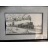 Image 2 :  framed black and white pen and ink drawing of a steam locomotive, titled "The Driving Force".
It is
