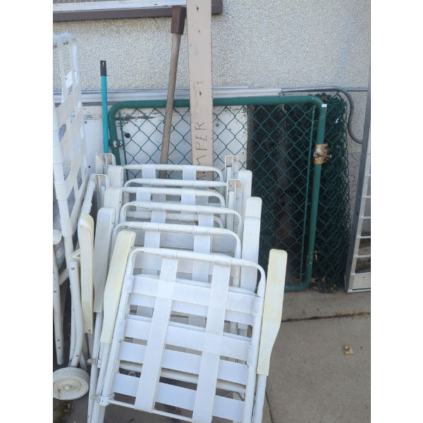   Patio furniture, vintage with cushions and chain-link material and chain-link and chain-link gate