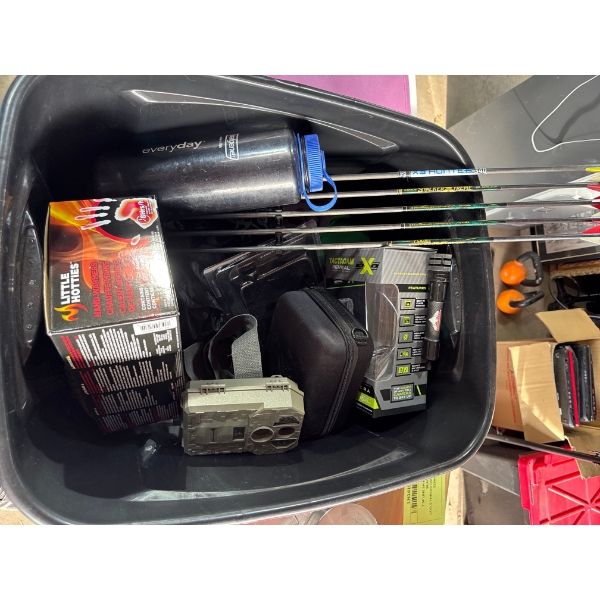 Tupperware container full of various hunting items - trail cam, arrows, archery accessories, hot han