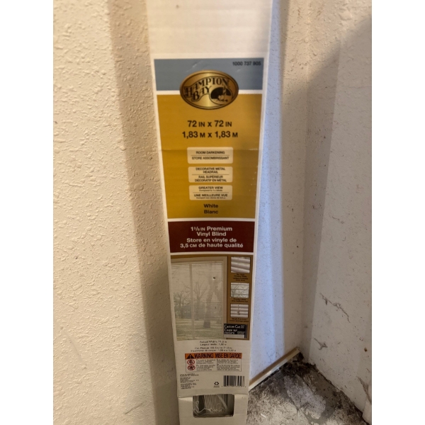 Brand new in box, Hampton Bay 1 3/8in premium vinyl blinds, 72in by 72in