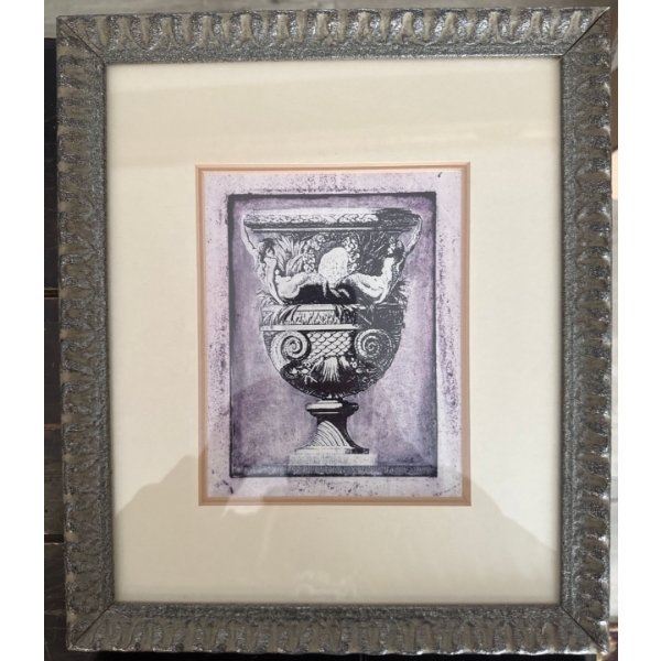  framed etching or print of an antique decorative vase, likely an 18th-century work in the style of 