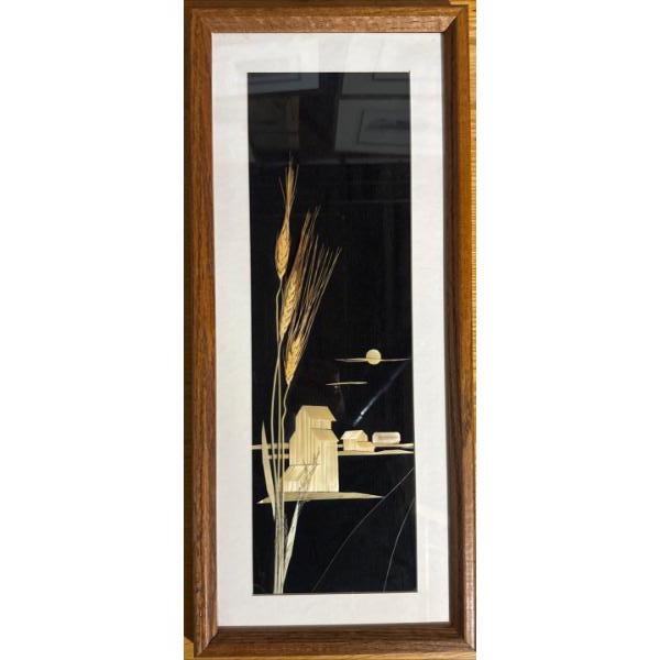  decorative straw art picture, featuring wheat stalks and geometric shapes against a black backgroun