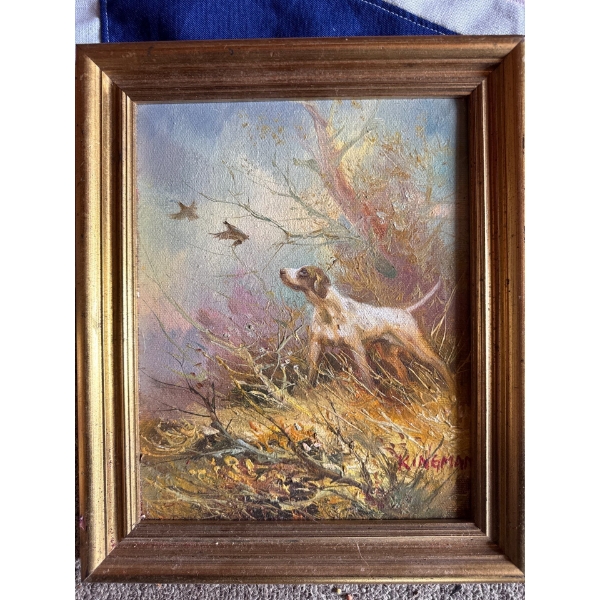 vintage oil painting on canvas featuring a hunting scene with a dog and grouse, signed by the artist