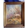 Image 1 : vintage oil painting on canvas featuring a hunting scene with a dog and grouse, signed by the artist