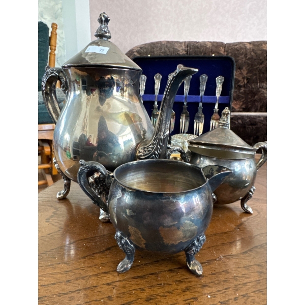 Silver plated, teapot, cream and sugar dispensers and silver plated, fork set and pie server