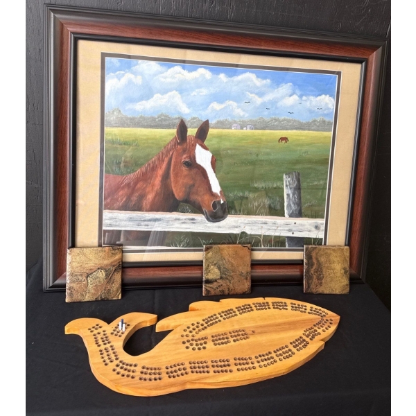 Framed Oil On Canvas Horse Painting By Elisabeth Bell w/Wooden Fish Shaped Crib Board