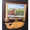 Image 1 : Framed Oil On Canvas Horse Painting By Elisabeth Bell w/Wooden Fish Shaped Crib Board