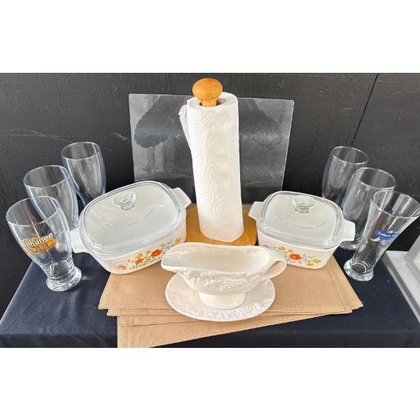 Assorted Corning ware Casserole Dishes, Beer Mugs, Placemats & More