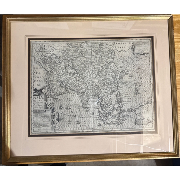  framed reproduction of a historical map titled Asia Nova Descriptio by Jodocus Hondius, originally 
