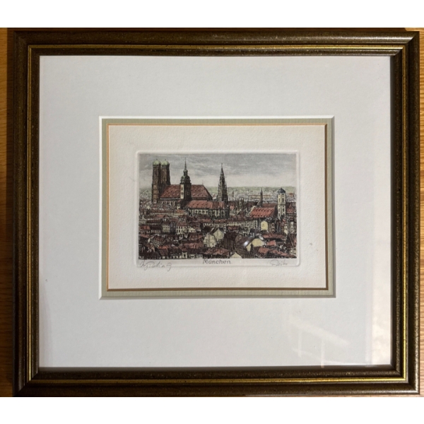  vintage color etching of the Munich cityscape by Austrian artist Josef Eidenberger. 