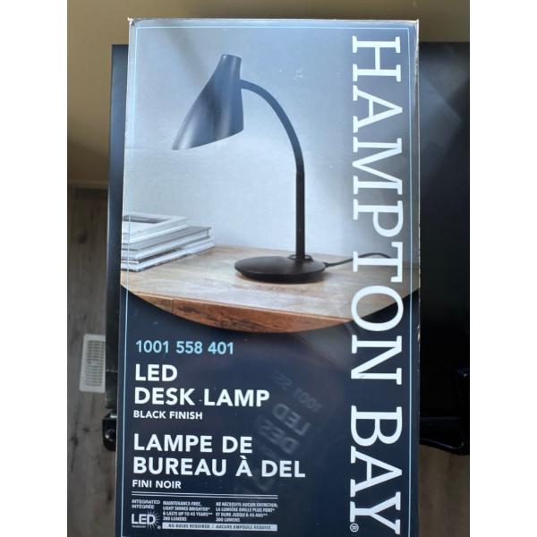 Two Hampton Bay LED desk lamps, black finish, one brand new in box, and one brand new out of box