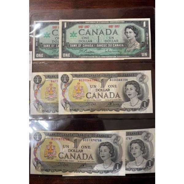  vintage Canadian one-dollar bills, specifically featuring 1967 Centennial and 1973 i