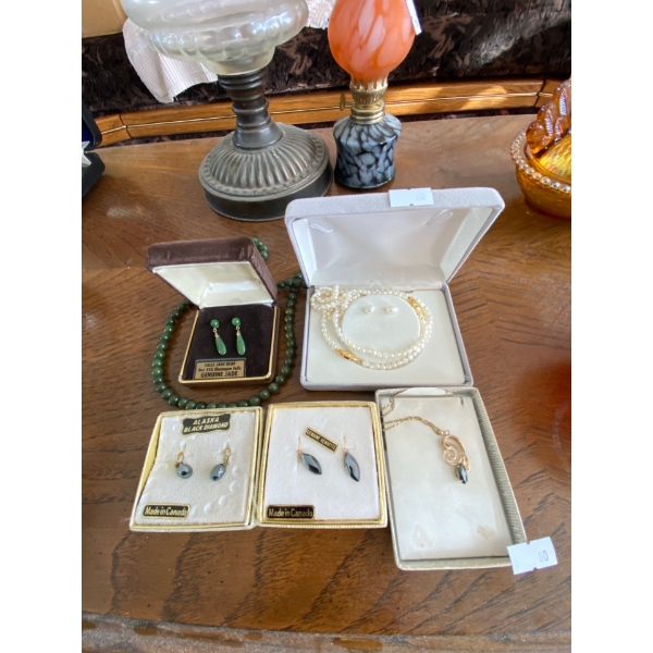 genuine Jade Okanagan, Falls, earrings and necklace and genuine, pearl necklace and earrings and bla