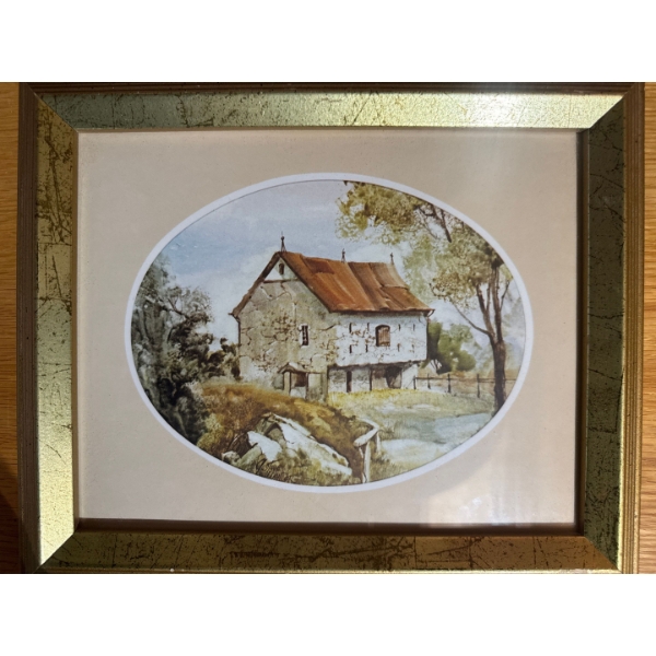  vintage watercolor painting of a rustic stone building, possibly a barn or cottage. 