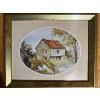 Image 1 :  vintage watercolor painting of a rustic stone building, possibly a barn or cottage. 