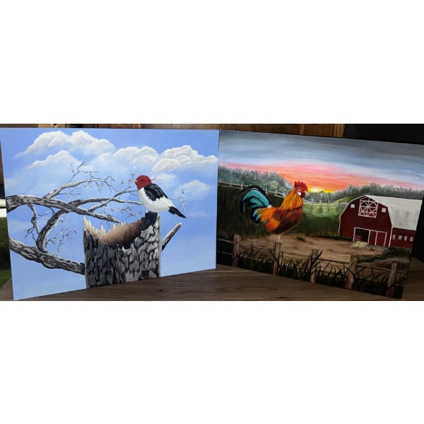 Amateur Artist Paints Birds & Rooster by Barn  Not Framed Detail Orientated Art