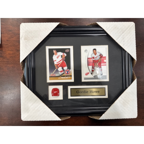  Framed plaque features two Gordie Howe hockey cards—specifically a 2005-06 Upper Deck SP Authentic 