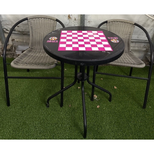 Round Outdoor Bistro Style Table w/Two Wicker Chairs & Metal Matte Frame