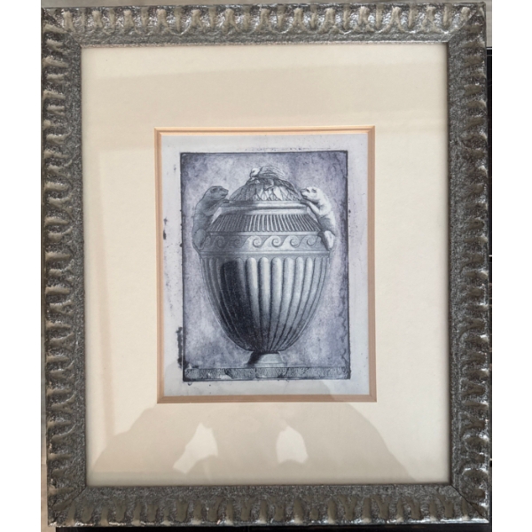  framed fine art print depicting an etching of an antique Italian garden urn or vase, featuring hand