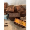 Image 6 : Several assorted wooden boxes, some with hinges and hooks. One box features partial labeling for Gil