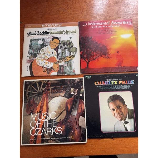 Four vinyl LP records: Hank Locklin 'Bummin' Around', '20 Instrumental Favourites: Cast Your Fate to