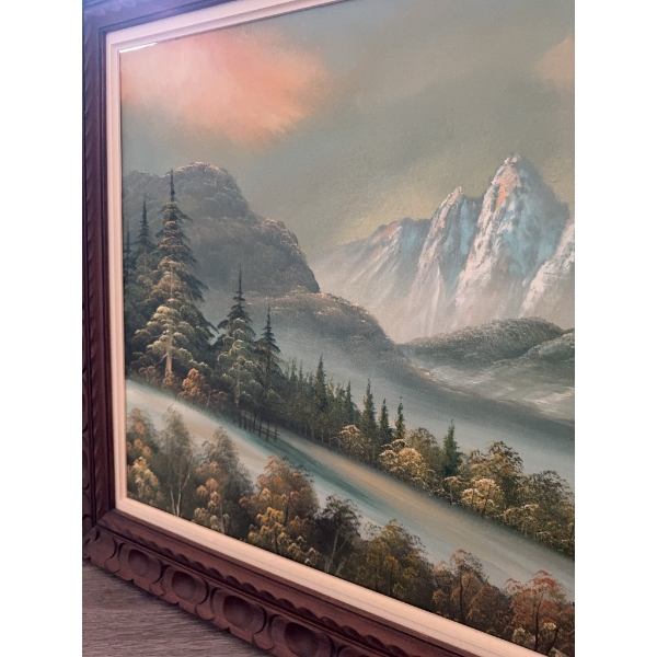 Oil painting depicting a mountainous landscape with pine trees and a winding path, presented in a ca