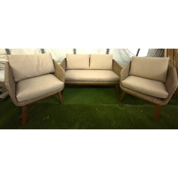 Mid Century Modern Style Outdoor Living Wicker Furniture w/Cushions  Two Seater Sofa & Two Arm Chair