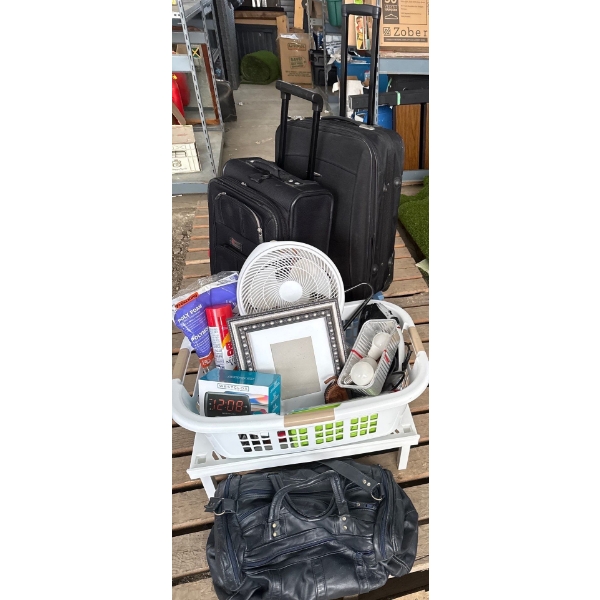 Assorted Everyday Household Goods & Large & Small Luggage On Wheels- Fan, Iron, Alarm Clock,Hangars 