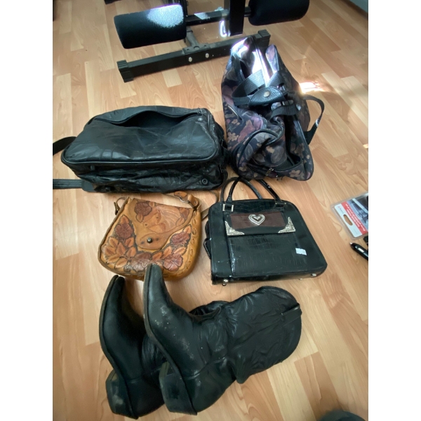 Female, cowboy boots and various leather bags