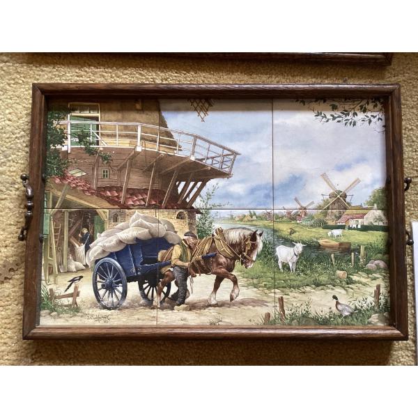 vintage serving tray or framed wall art composed of multiple ceramic tiles featuring a Dutch landsca