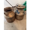 Image 4 : Two vintage metal milk churns. One churn is painted with blue and has yellow lettering "A.S. ALFRED 