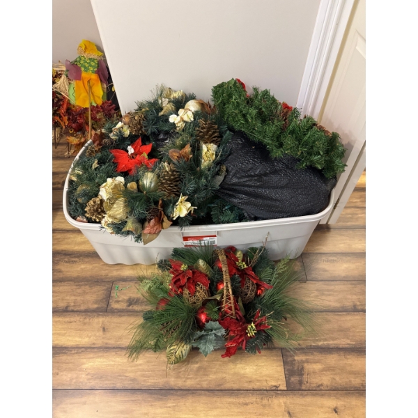 Christmas decor, trees, decorations, and rubbermaid container