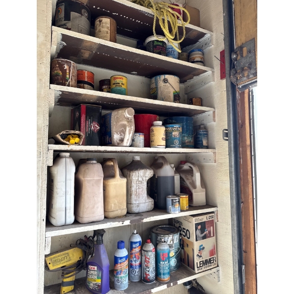 Niehoff stud welder paints various liquid liquids rope on top shelf all items on shelf included