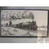 Image 6 :  framed black and white pen and ink drawing of a steam locomotive, titled "The Driving Force".
It is