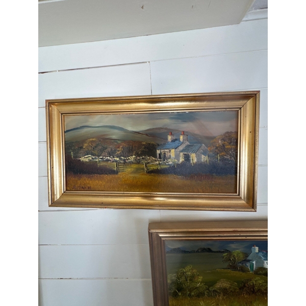  framed oil painting depicting a rural Irish countryside landscape featuring a stone farmhouse and r