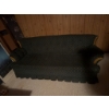 Image 1 : Three-seat sofa with dark patterned upholstery, featuring rolled arms and wooden trim accents. The s