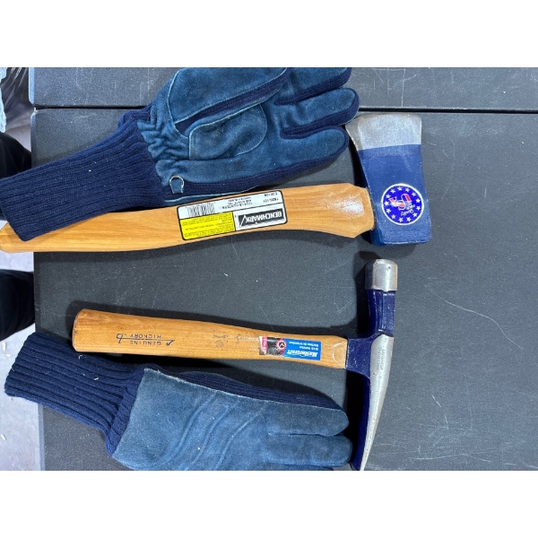 Benchmark hatchet inch and a quarter and mastercraft brick hammer two brand new gloves.