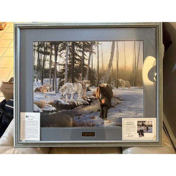  framed limited edition wildlife print titled "Winter Wolves". 
