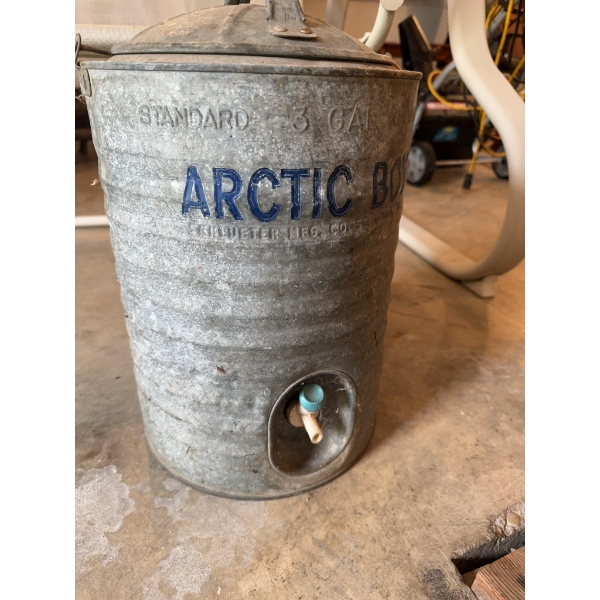 Arctic Boy water cooler, 3-gallon capacity, made by the Schlueter Mfg. Co., St. Louis, MO. Construct