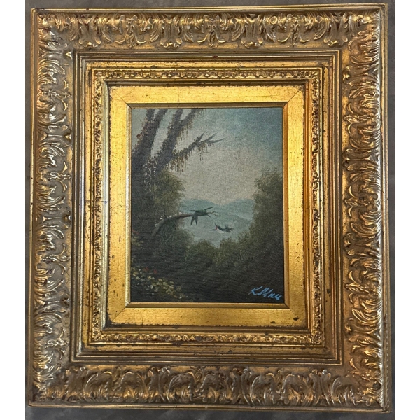  Collectible framed oil painting depicting birds in a swampy landscape.
Artwork Style: The painting 