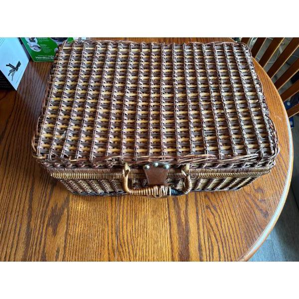 Vintage wicker picnic basket, all contents inside included