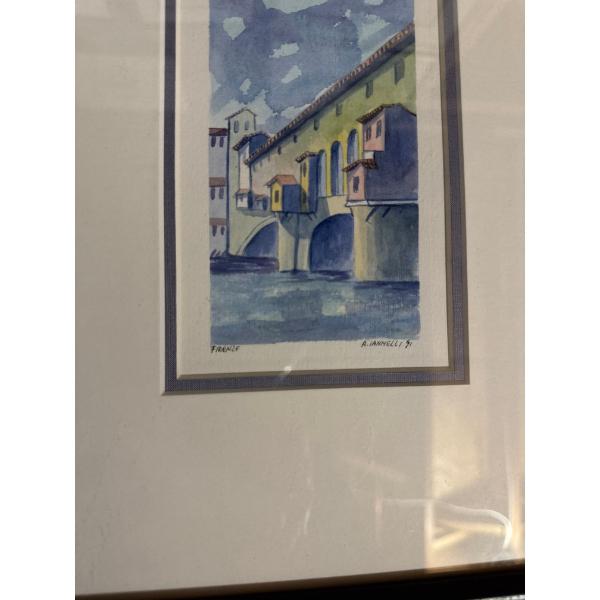  collectible watercolor painting depicting the Ponte Vecchio in Florence, Italy, signed by the artis