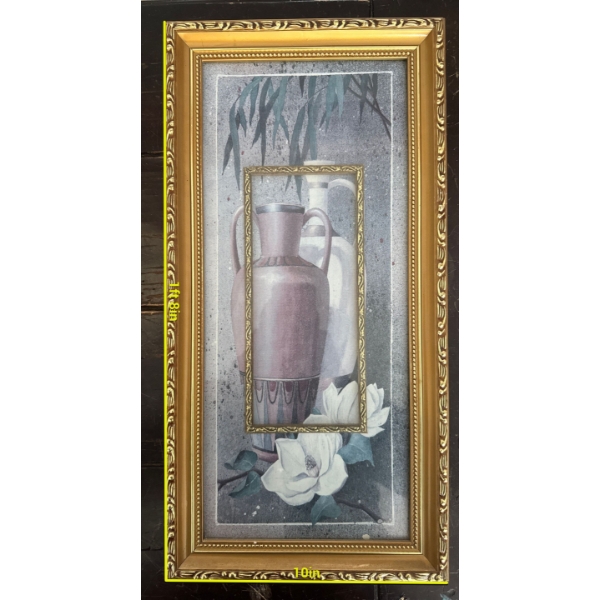  framed wall decor featuring a still life print of vases and flowers in a decorative gold-colored fr