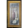 Image 1 :  framed wall decor featuring a still life print of vases and flowers in a decorative gold-colored fr