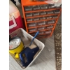Image 8 : Orange plastic drawer organizer, a red and white cooler, two yellow handheld flashlights, a handheld