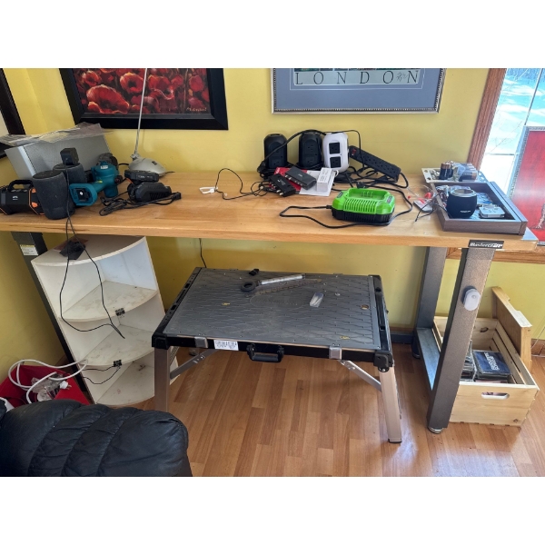 Mastercraft wood top workbench. Dimensions are 71 and a half by 23 and a half by 37 and a half tall.